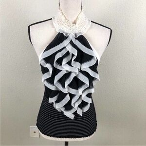 bebe Black Halter Top with White Cascading Ruffles